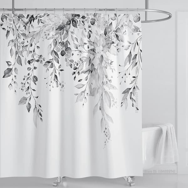 Smaragdgrön Eukalyptus Duschdraperi, Sammanlänkande Växtblad med Blommigt Duschdraperi Set med Krokar, B240xH180cm