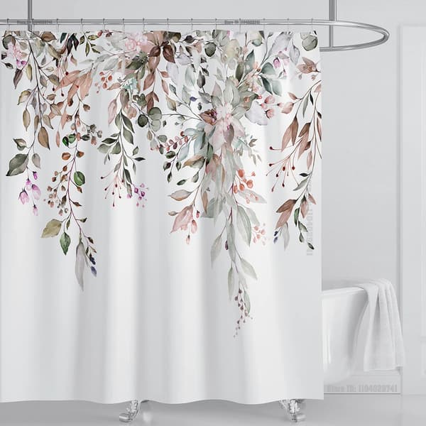 Smaragdgrön Eukalyptus Duschdraperi, Sammanlänkande Växtblad med Blommigt Duschdraperi Set med Krokar, B220xH180cm