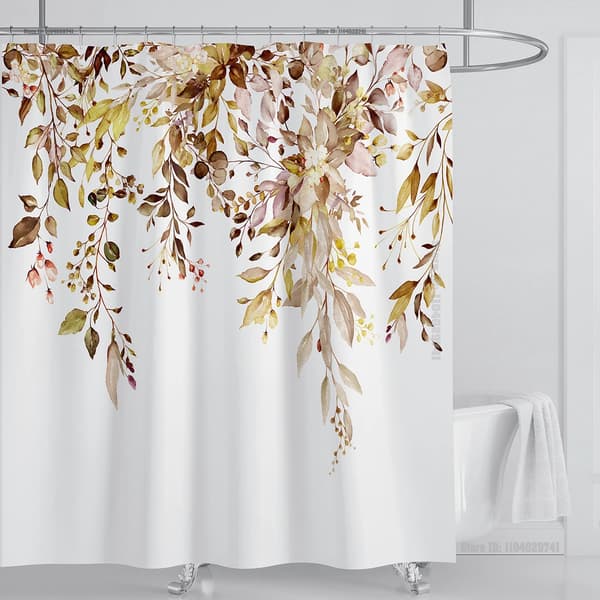 Smaragdgrön Eukalyptus Duschdraperi, Sammanlänkande Växtblad med Blommigt Duschdraperi Set med Krokar, B240xH180cm