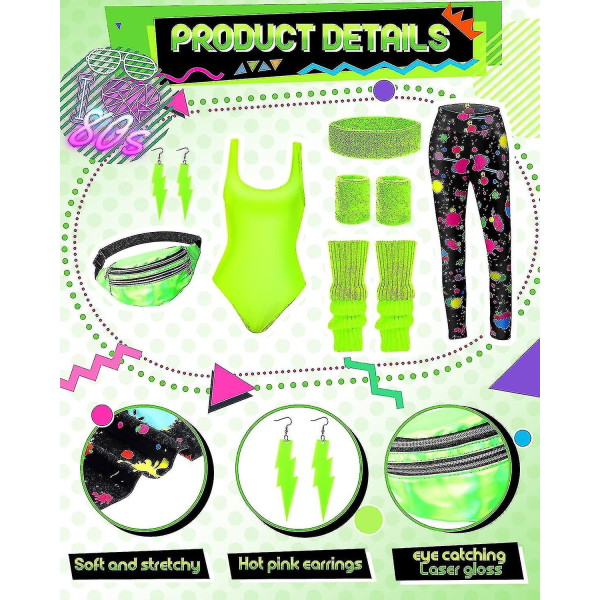 7-delars 80-tals träningsdräkt 80-tals accessoarer set 80-tals 90-tals trikå leggings pannband handledsvärmare benvärmare örhängen magväska Bright Neon 3X-Large