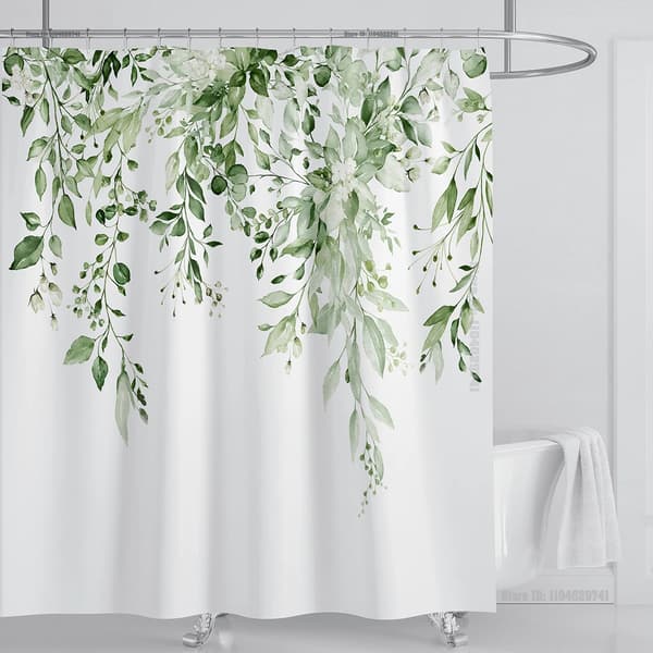 Smaragdgrön Eukalyptus Duschdraperi, Sammanlänkande Växtblad med Blommigt Duschdraperi Set med Krokar, B240xH180cm