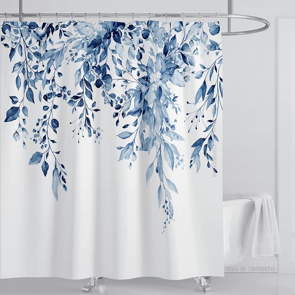 Smaragdgrön Eukalyptus Duschdraperi Tyg, Sammanlänkande Växtblad med Blommigt Duschdraperi Set med Krokar, B180xH220cm