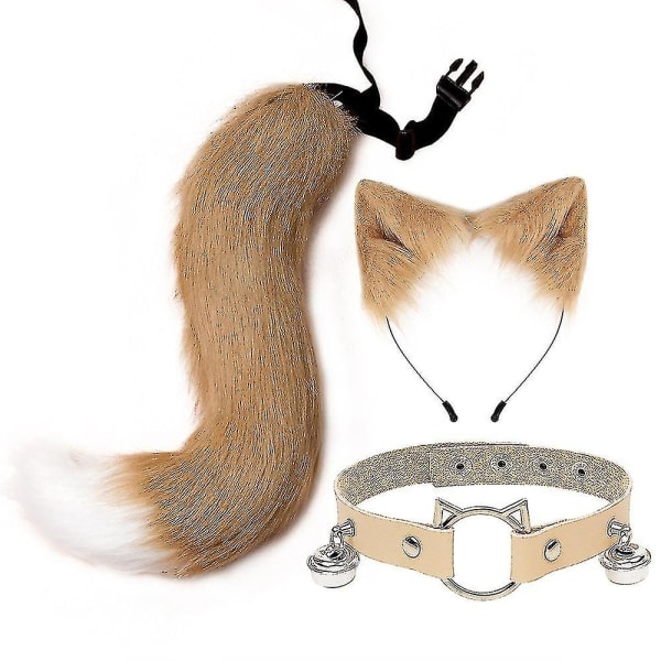 Luddiga kattöron räv svans klocka krage halsband set Halloween fest accessoarer Lolita simulering päls plysch huvudbonad cosplay rekvisita Khaki