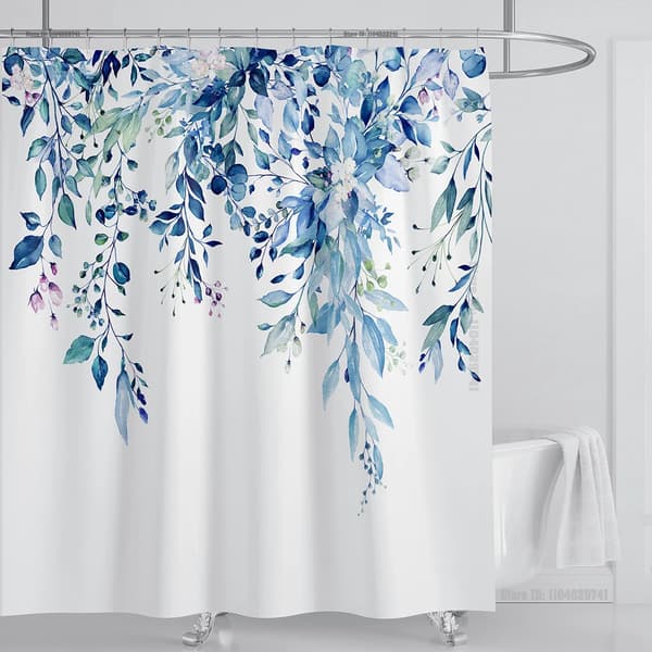 Smaragdgrön Eukalyptus Duschdraperi, Sammanlänkande Växtblad med Blommigt Duschdraperi Set med Krokar, B150xH180cm