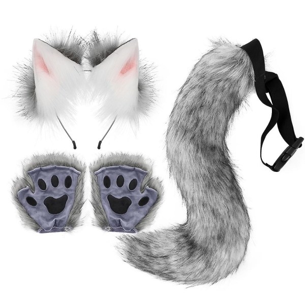 Konstgjord päls rävsvans katt varg cosplay kostym set plysch mask fluffiga tass handskar Halloween jul Dark Gray