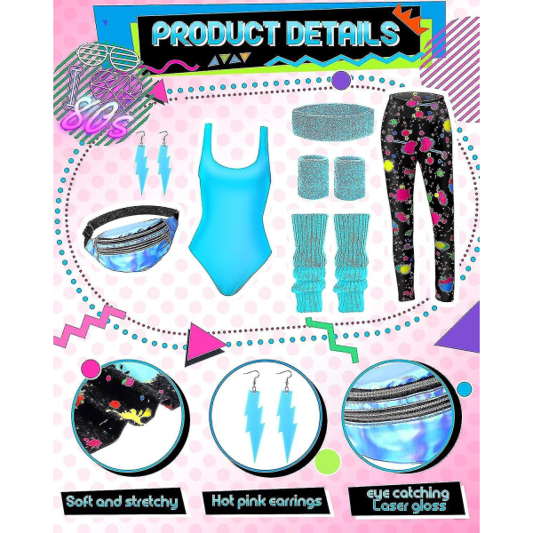 7-delars 80-tals träningsdräkt 80-tals accessoarer set 80-tals 90-tals trikå leggings pannband handledsvärmare benvärmare örhängen magväska Cute Neon Large