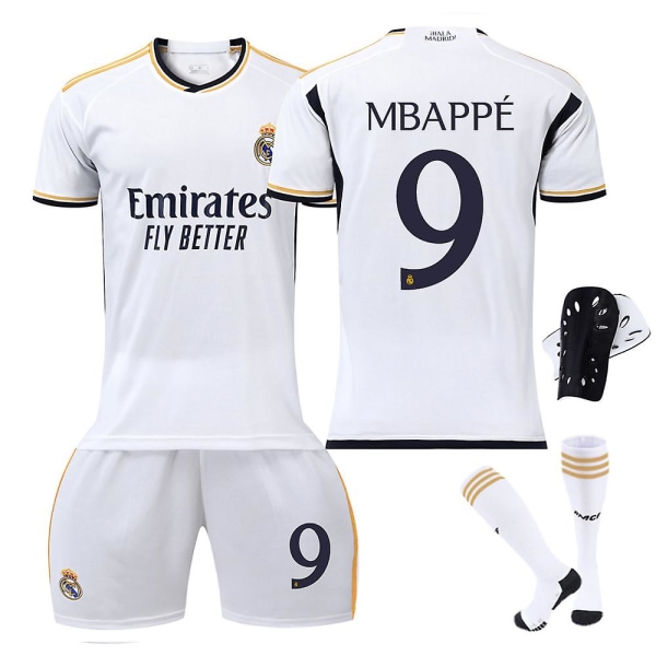 Kylian Mbapp Real Madrid 9 tröja för barn, Mbapp 9 Real Madrid hem- och bortatröja för barn 2324HOME WITH SOCKS PADS 20