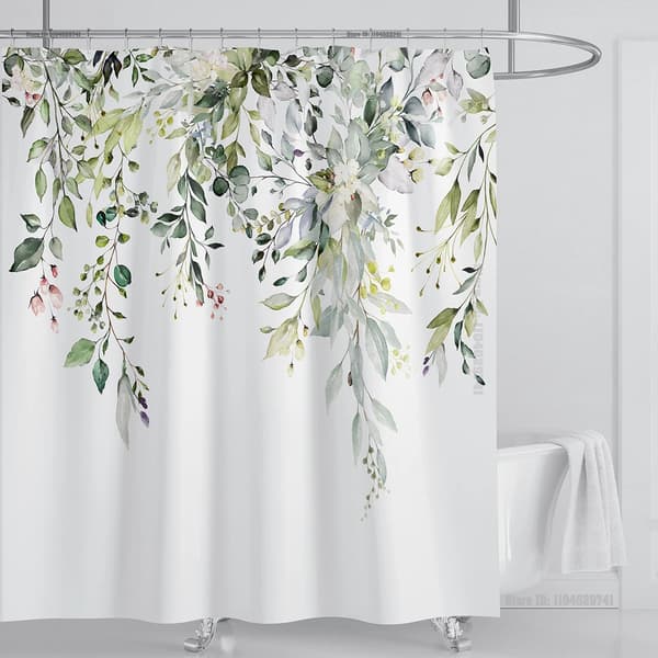Smaragdgrön Eukalyptus Duschdraperi, Sammanlänkande Växtblad med Blommigt Duschdraperi Set med Krokar, B220xH180cm
