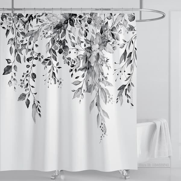 Smaragdgrön Eukalyptus Duschdraperi, Sammanlänkande Växtblad med Blommigt Duschdraperi Set med Krokar, B180xH180cm