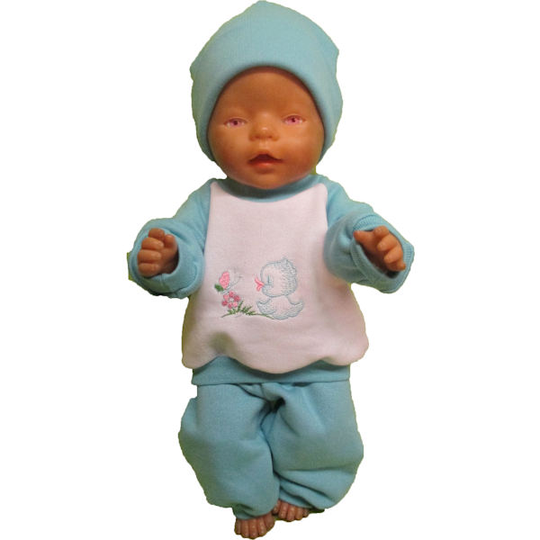 Turkos/vit  joggingset med fågel till Baby Born, dockkläder. turkos/vit