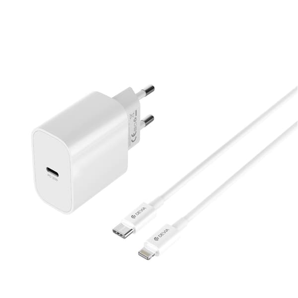 Devia väggladdare Smart PD GaN 30W 1x USB-C vit + kabel USB-C - Lightning vit