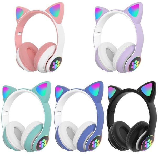 BLUETOOTH/LED HÖRLURAR KATTÖRON FÖR BARN ROSA