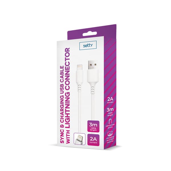 Setty kabel USB - Lightning 3,0 m 2A vit NY vit