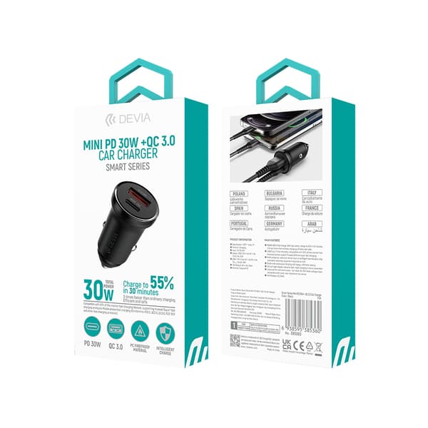 Devia billaddare Smart Mini PD QC 3 0 30W 1x USB 1x USB-C vit vit