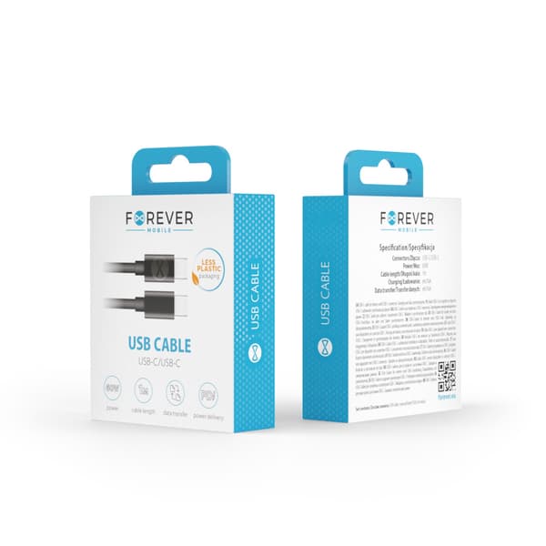 Forever-kabel USB-C - USB-C 1,0 m 60W svart