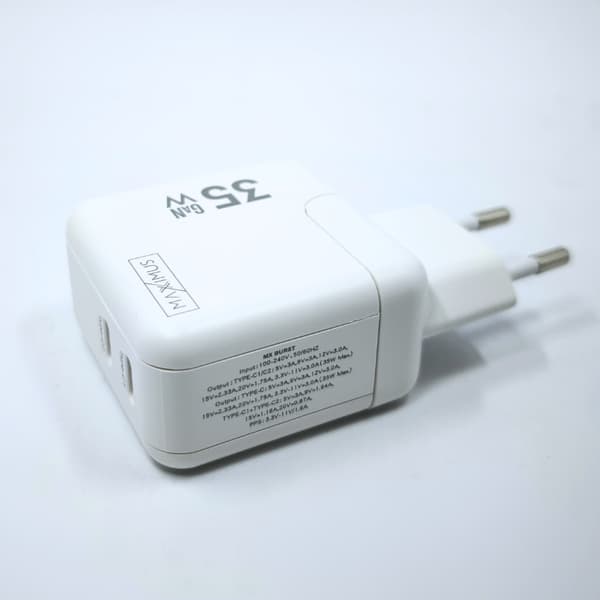 VÄGGLADDARE MX BURST GaN PD 35W, 2xUSB-C + C/C PD KABEL 65W VIT
