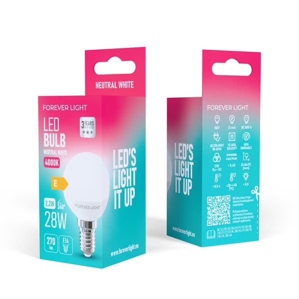 Forever Light LED-lampa E14 G45 2 2W 270lm 4000K klass E transparent