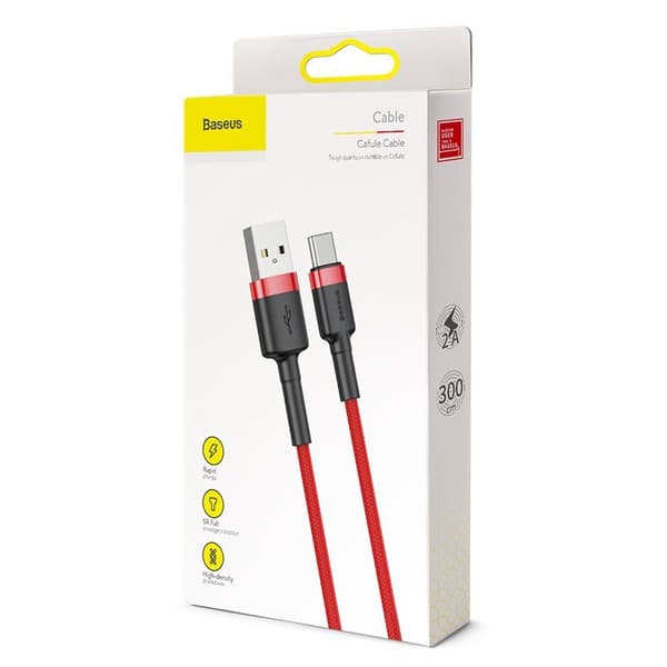 1 st super kvalitet Baseus cable Cafule USB - USB-C 3m 2A red röd
