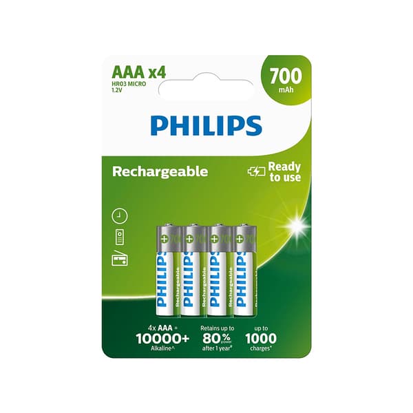 PHILIPS Uppladdningsbart batteri AAA NiMH 700mAh, 4-pack.