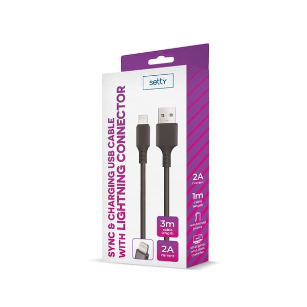 Setty-kabel USB - Lightning 3,0 m 2A svart NY