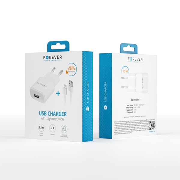 Forever TC-01 laddare 1x USB 2A vit + Lightning-kabel vit