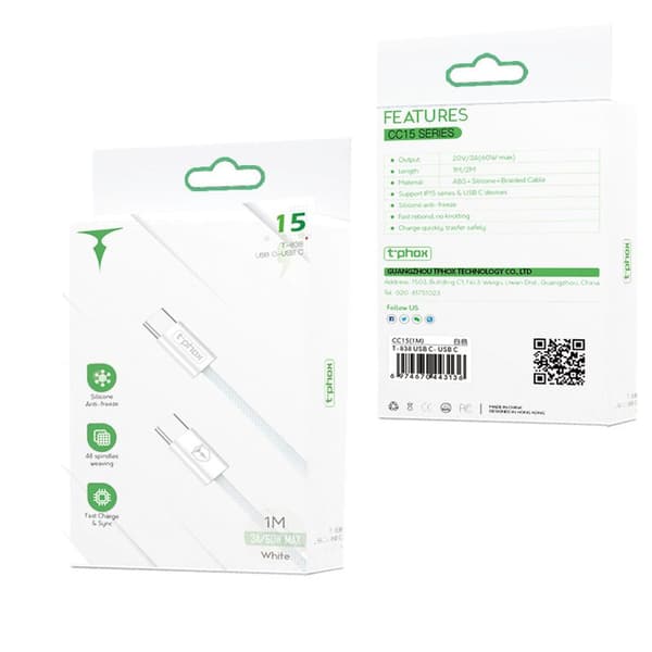 T-PHOX CC15 SERIES USB-C / USB-C-kabel 60W 3A vit vit