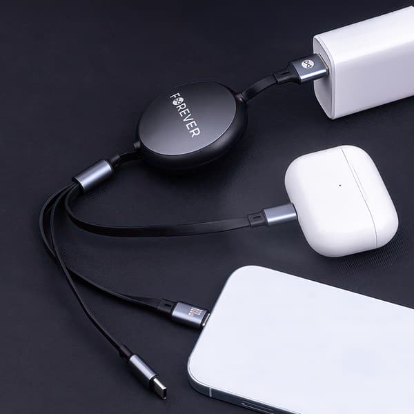 Forever 3i1-kabel USB - Lightning + 2x USB-C 1,2 m 100W svart