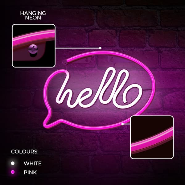 Neon LED-ljus HELLO rosa vit Fladdermus + USB FLNE15 Forever Light