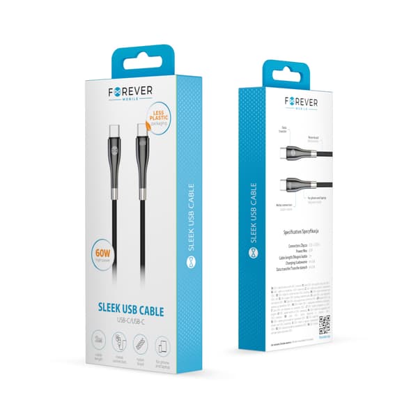 Forever Sleek kabel USB-C - USB-C 2,0 m 60W svart svart