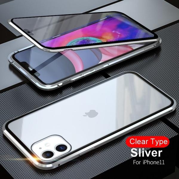 Dubbelsidig magnet fodral med härdat glas för iphone 11|silver