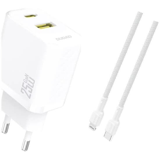 Dudao A26TEUL Adapter 25Watt 1xUSB-C 1xUSB-A (1m USB-C till Lightning ingår) vit