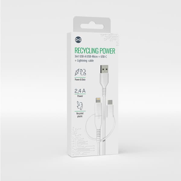 Forever återvinningskabel 3i1 1,5m 2,4A USB-A -USB-C+ microUSB + Lightning KR3W1-00 vit vit