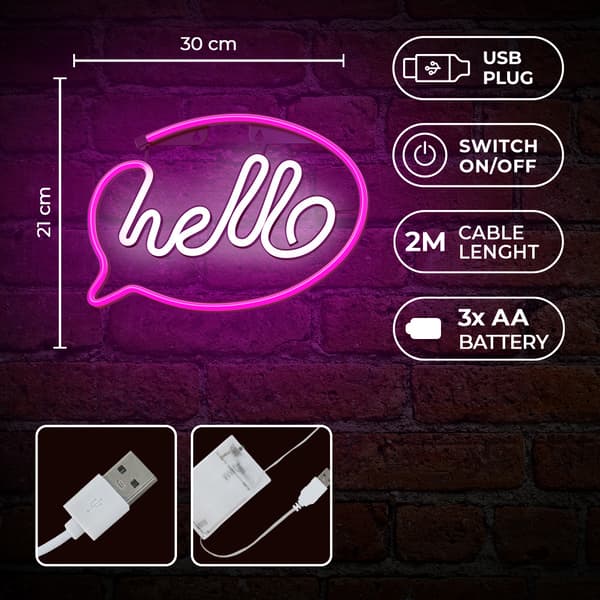 Neon LED-ljus HELLO rosa vit Fladdermus + USB FLNE15 Forever Light