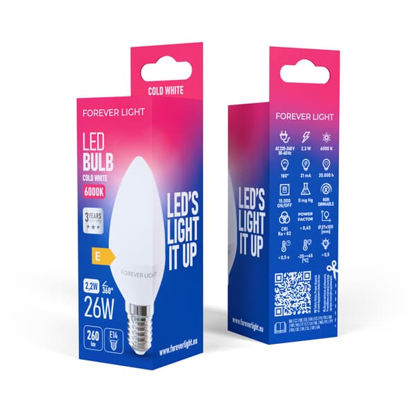 Forever Light LED-lampa E14 C37 2,2W 260lm 6000K klass E