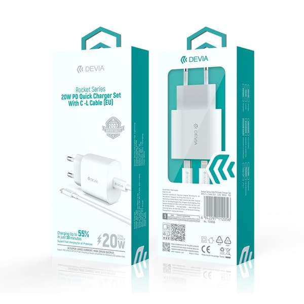 Devia väggladdare Rocket PD 20W 1x USB-C vit + kabel USB-C - Lightning