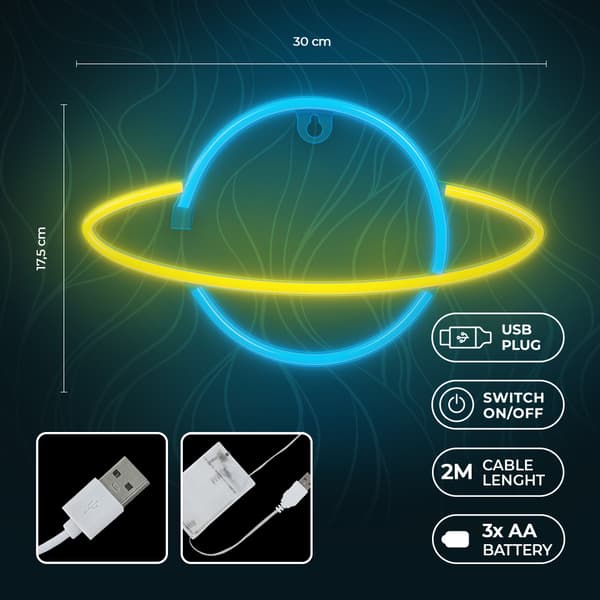 Neon LED-lampa SATURN gul blå Fladdermus + USB FLNE11 Forever Light