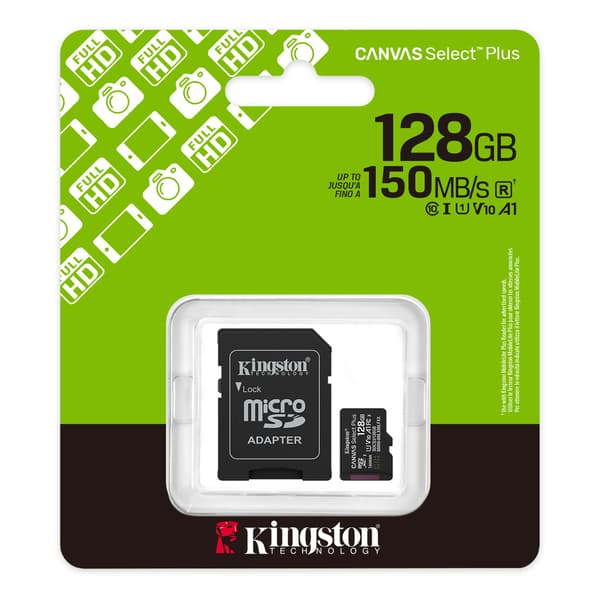 Kingston minneskort 128GB microSDXC Canvas Select Plus Gen3 150MB/s A1-kort + adapter