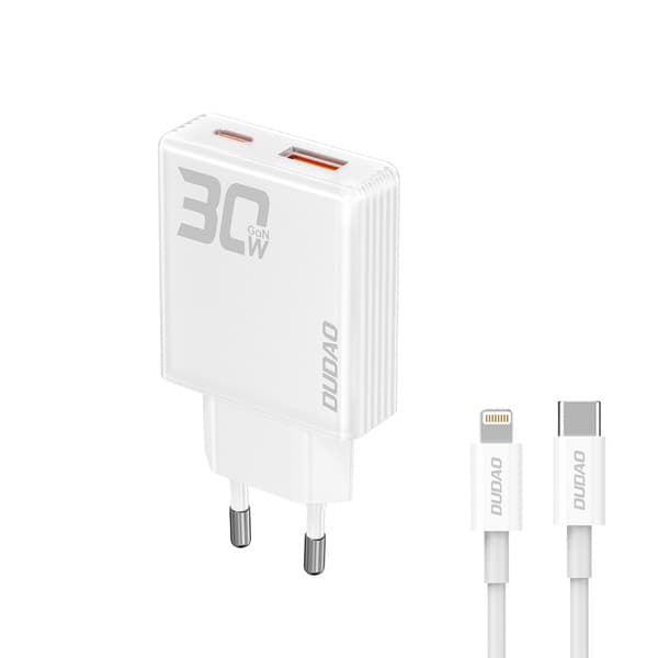 Dudao A30EU Adapter 30Watt GaN 1xUSB-C 1xUSB-A (USB-C till Lightning-kabel ingår)