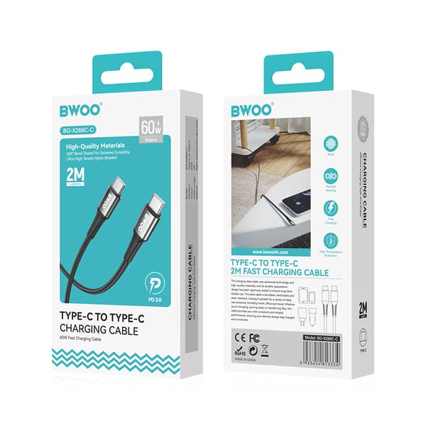 BWOO Flätad kabel USB-C - USB-C 2m 60W svart