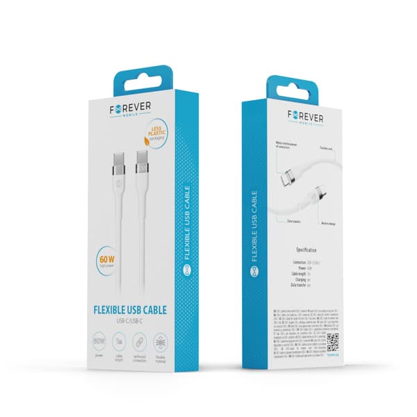 Forever Flexible-kabel USB-C - USB-C 1,0 m 60W vit
