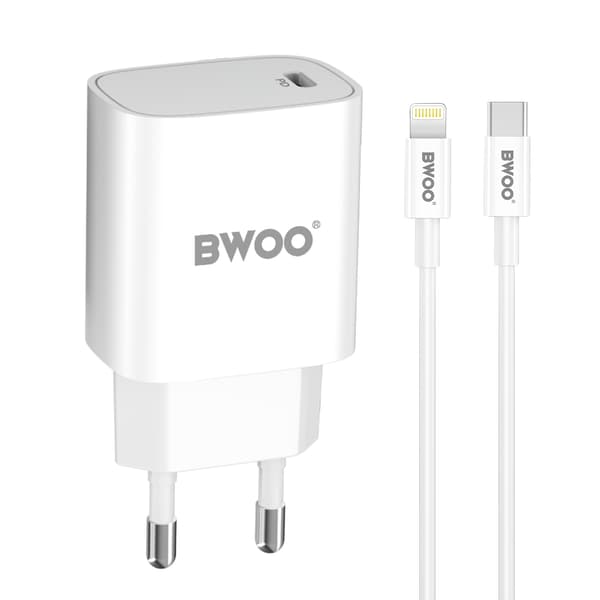 BWOO CDA159 PD väggladdare 20W 1x USB-C-port + Lightning vit