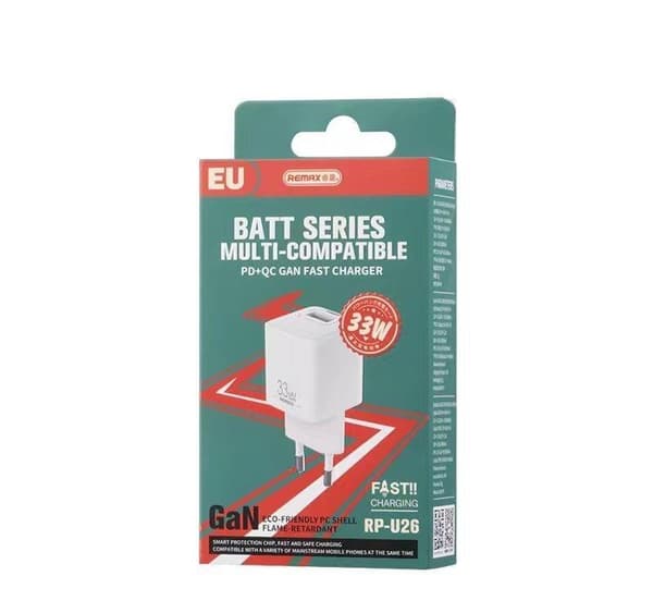 REMAX VÄGGLADDARE BATT SERIES PD QC 33W RP-U26 1xUSB + 1xUSB-C VIT