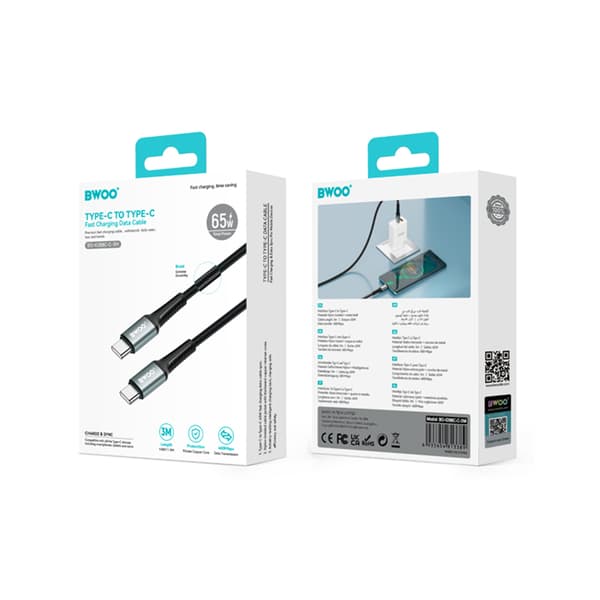 BWOO Flätad kabel USB-C - USB-C 3m 60W svart