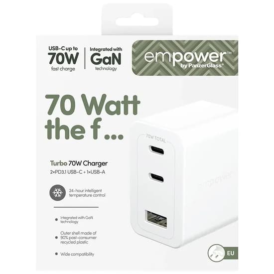 empower by PanzerGlass Turbo UK 70W GaN-adapter 2xUSB-C+USB-A