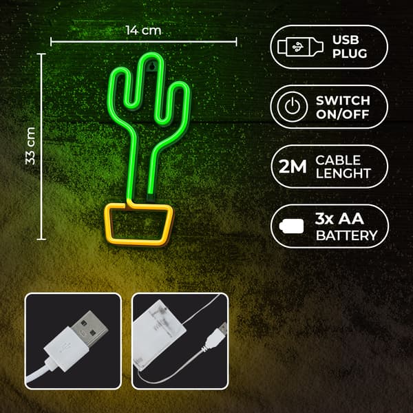 Neon LED-ljus CACTUS orange grön Bat + USB FLNE02 Forever Light