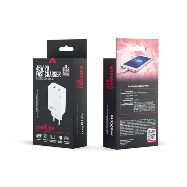 Maxlife MXTC-09-45CC GaN PD QC laddare 2x USB-C 45W vit