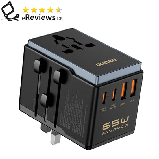 Dudao A65Pro Universal Travel Adapter 65Watt GaN 2xUSB-C + 2xUSB-A Black svart