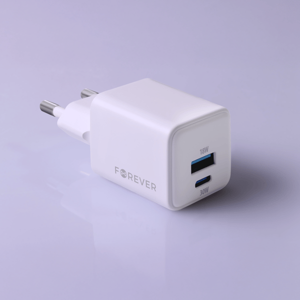 Forever TC-08-30AC GaN PD QC laddare 1x USB-C 1x USB 30W vit