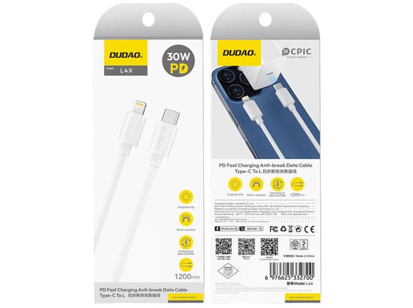 Dudao L4X USB-C to Lightning 1.2m vit vit