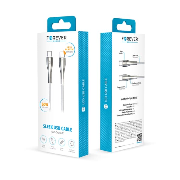 Forever Sleek-kabel USB-C - USB-C 1,0 m 60W vit